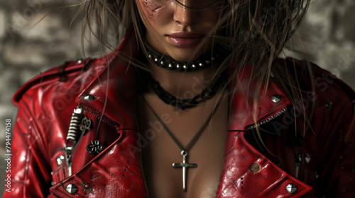 The Crimson Cowgirl stands at a crossroads her gaze fixed on the horizon. Her deep red leather jacket adorned with Gothic crosses and silver studs reflects her fierce . photo