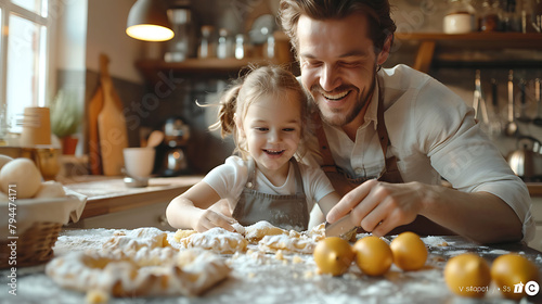 Overjoyed young family with little preschooler kids have fun cooking baking pastry or pie at home together, happy smiling parents enjoy weekend play with small children doing bakery cooking in kitchen photo