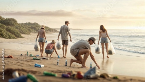 A group of people collecting litter on a beach, contributing to environmental cleanup.