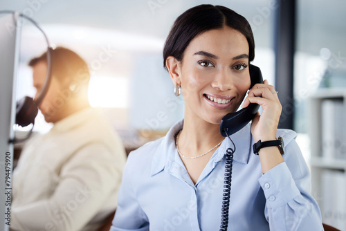 Woman, telephone and help in customer care at call center for technical support with advice or feedback. Employee, portrait and contact us for problem solving chat, solution and consultation service