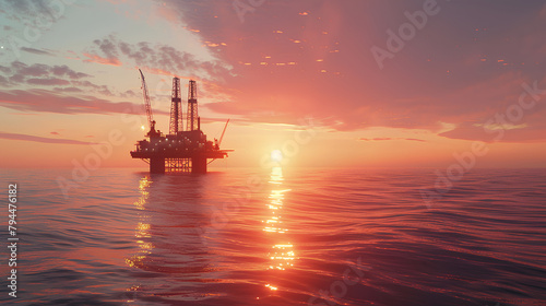 Offshore oil rig drilling platform at sunset. Oil and gas platforms north sea © suldev