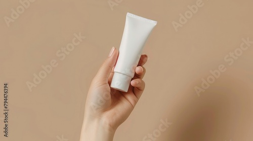 woman hand is holding a white mockup tube of facial cream on a beige isolated background