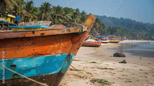 Closeup of a fish boat on Palolem beach in Goa southern India   photo