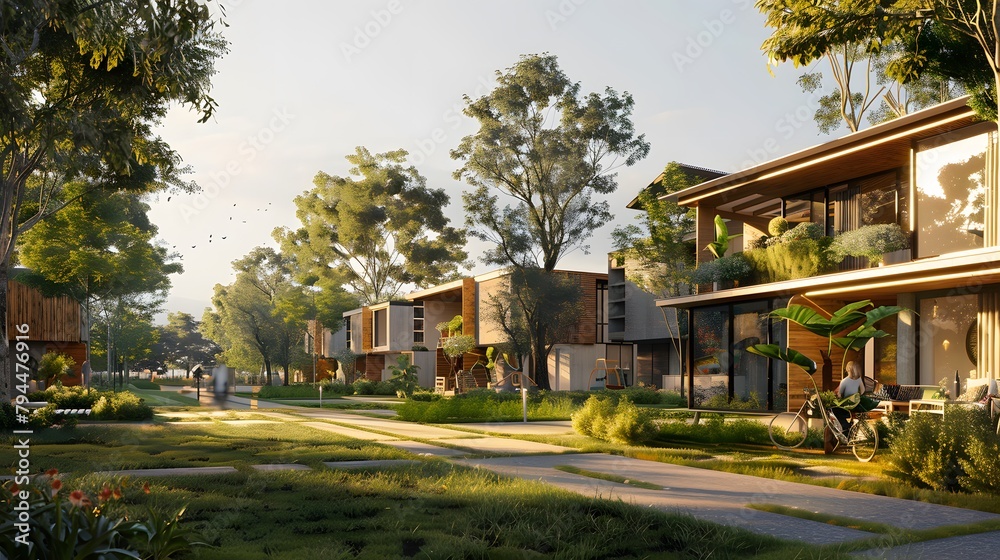 a high-resolution visualization showcasing sustainable urban planning principles, with eco-friendly homes featuring passive solar design and green building material