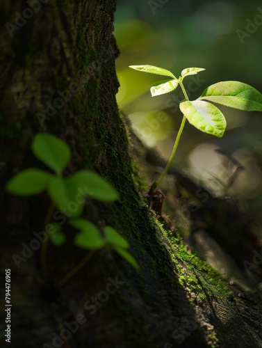Lush green plant growing on mossy tree trunk