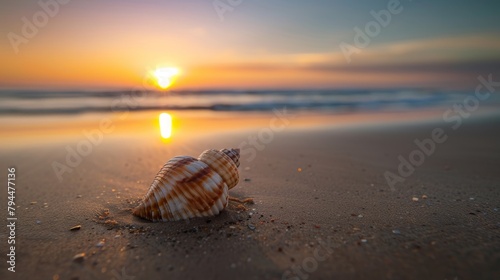 Serene sunset over the ocean with a seashell on the beach