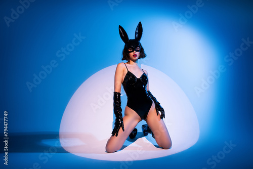 Photo of girl wear black provocative leather rabbit costume sit knee pose isolated blue spotlight background