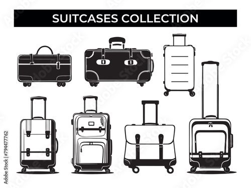 Set of Suitcases Silhouettes on White Background