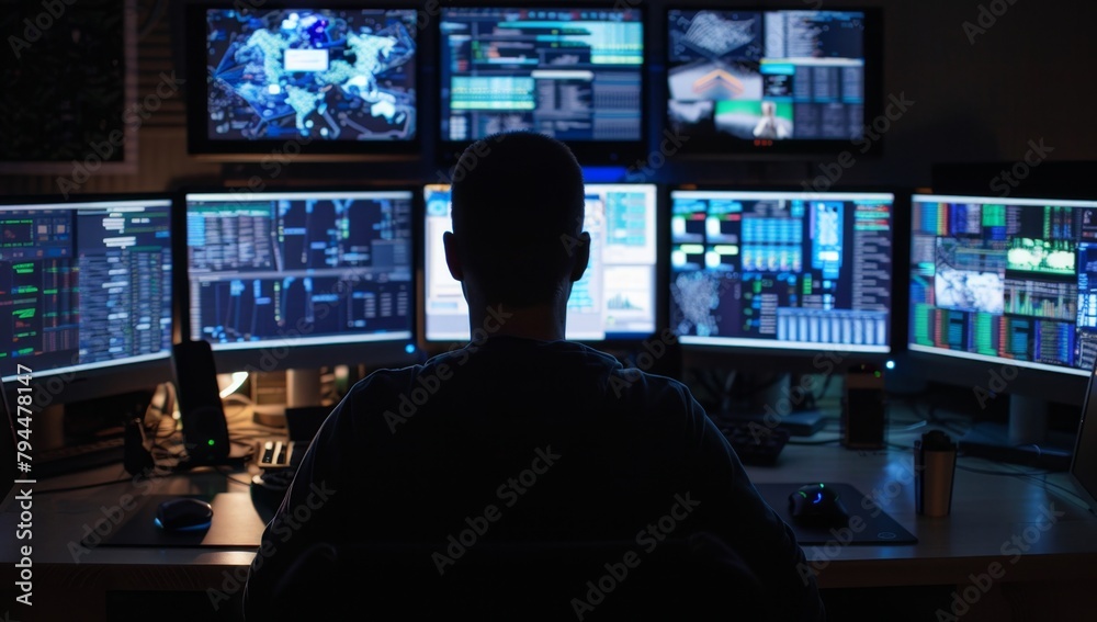 A man sits at a desk with multiple monitors displaying network security software, back view, in a dark room Generative AI A man sits at a desk with multiple monitors displaying network security software, back view, in a dark room Generative AI