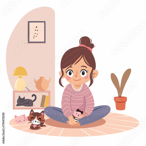A girl is sitting on the floor with a cat and a stuffed animal