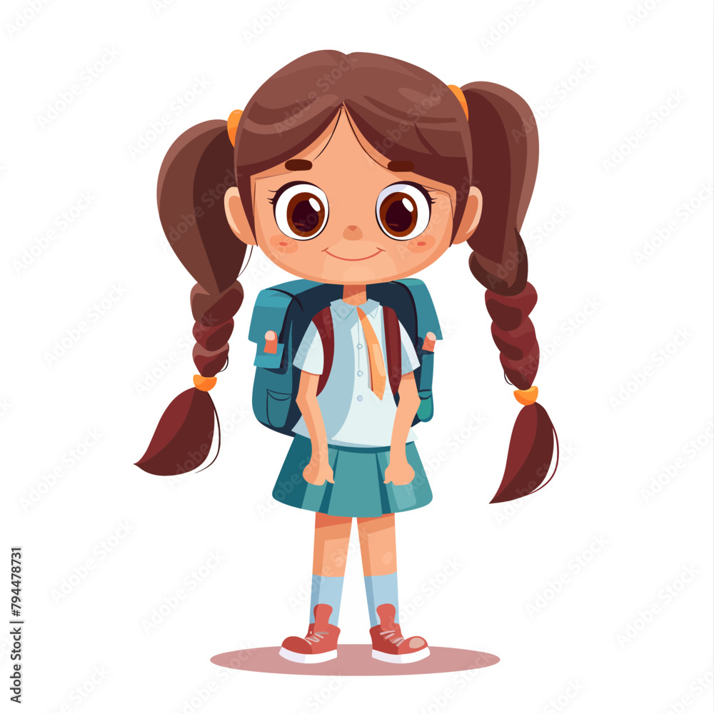 A young girl with long braided hair is wearing a blue school uniform
