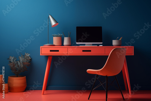 office interior with table, blue wall, orange chair and desk, lamp, plants, open laptop, and design objects, modern comfortable design vivid teleworking set with pop inspiration candy colors home