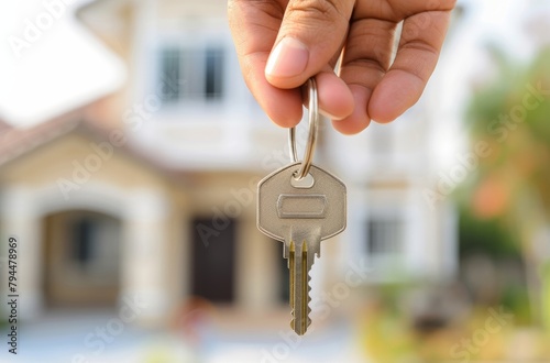 Hand with a key on the background of the house. Construction, project, moving to a new house, mortgage, rent and purchase of real estate. copy space