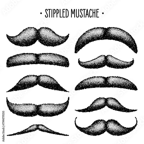 Stippled vintage mustache. Curly facial hair. Hipster beard. Stippling, dot drawing and shading, stipple pattern, halftone effect. Vector illustration