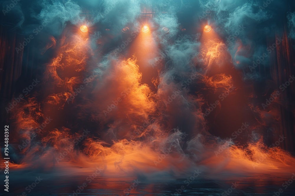 A stage with clouds of smoke and vibrant lights on a dusky atmospheric landscape