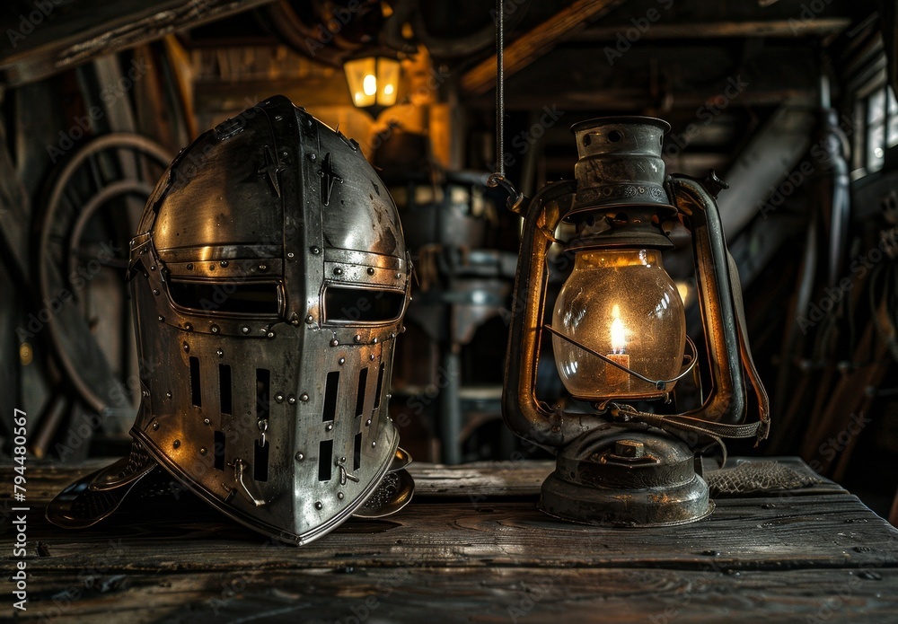 Antique Helmet and Lantern in Rustic Setting