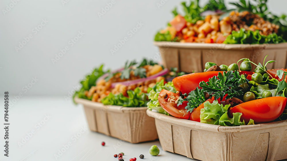 Restaurant healthy food delivery in take away boxes for daily nutrition on white background