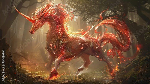 Imagine a majestic Kirin, steeped in the rich traditions of East Asian mythology, its body glowing with a vibrant shade of red. 