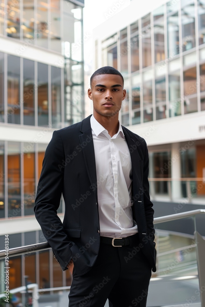 Confident young businessman in a suit standing in front of a modern glass building Confident young businessman in a suit standing in front of a modern glass building