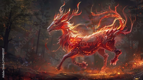 Imagine a majestic Kirin  steeped in the rich traditions of East Asian mythology  its body glowing with a vibrant shade of red. 