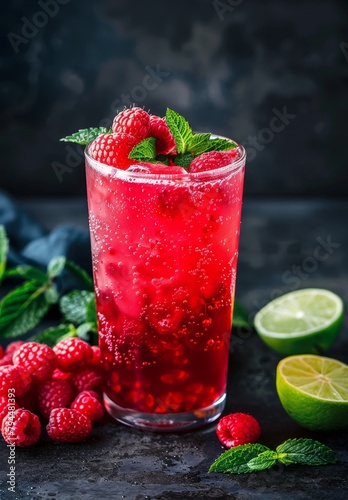 Refreshing raspberry cocktail with lime and mint