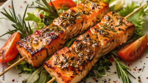 Skewered salmon with rosemary salad pepper and seasoning