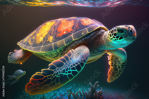 Colorful turtle swimming in the ocean