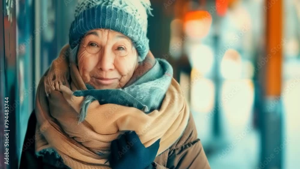 A close-up of an elderly woman’s face shows wisdom in her deep-set eyes, with a knitted gray cap and a multicolored scarf wrapped warmly around her. Banner. Copy space A close-up of an elderly woman’s face shows wisdom in her deep-set eyes, with a knitted gray cap and a multicolored scarf wrapped warmly around her. Banner. Copy space