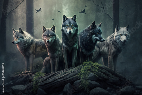 Pack of wolves in the woods