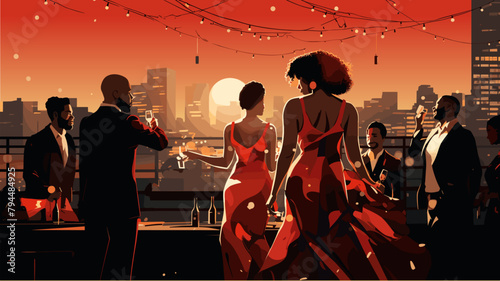 Christmas party. Beautiful young fashionable modern people with champagne celebrate Christmas and New Year on the background of the city. Festive atmosphere, smiles and evening dresses.