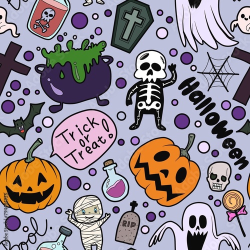 Seamless pattern Happy Halloween. with pumpkin  and flying bat, dark color.  illustration