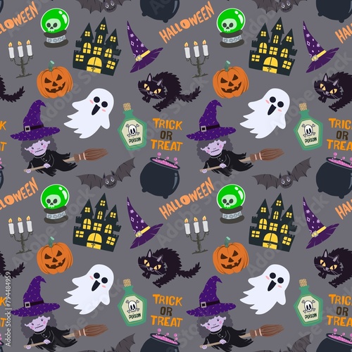 Seamless pattern Happy Halloween. with pumpkin  and flying bat, dark color.  illustration