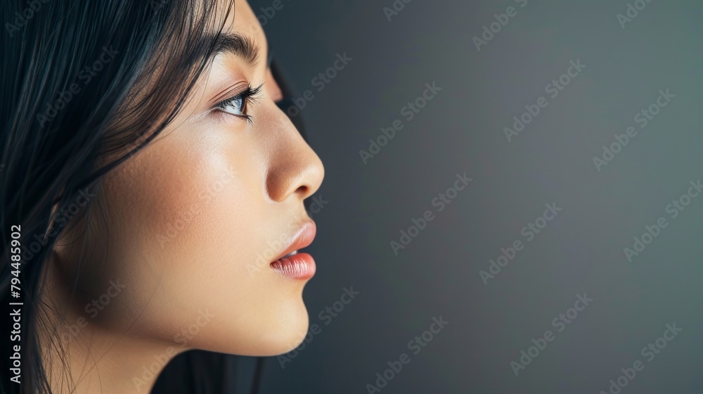 The profile of a young Asian beauty with medium to long hair and no glasses, copy space. The profile of a young Asian beauty with medium to long hair and no glasses. A woman with black hair. The profile of a young Asian beauty with medium to long hair and no glasses, copy space. The profile of a young Asian beauty with medium to long hair and no glasses. A woman with black hair.