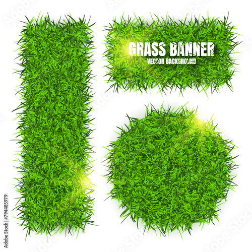 Green grass banners, background. Field, meadow texture, grassy landscape. Organic, bio, eco and natural lifestyle design elements. Ecology and environment protection. Vector illustration