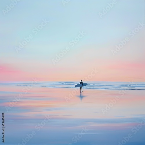 18. Peaceful beach scene at sunrise, silhouette of a lone surfer carrying a surfboard, soft pastel colors and calm sea, tranquil morning. © Answertalker