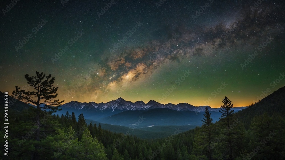 Fototapeta premium Breathtaking view of milky way illuminates night sky above serene mountain range. Galaxys vibrant colors contrast beautifully against dark silhouettes of peaks. In foreground.