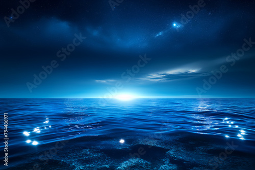 Tranquil midnight ocean under a starlit sky with glowing horizon © Edvvin