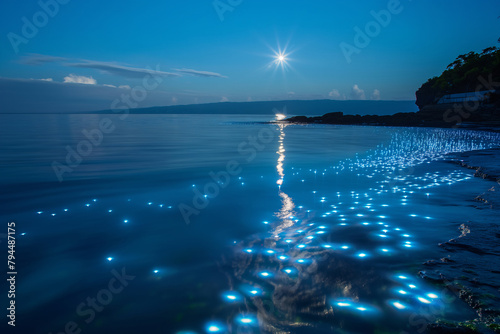 Bioluminescent algae illuminating the seashore under a starry twilight sky