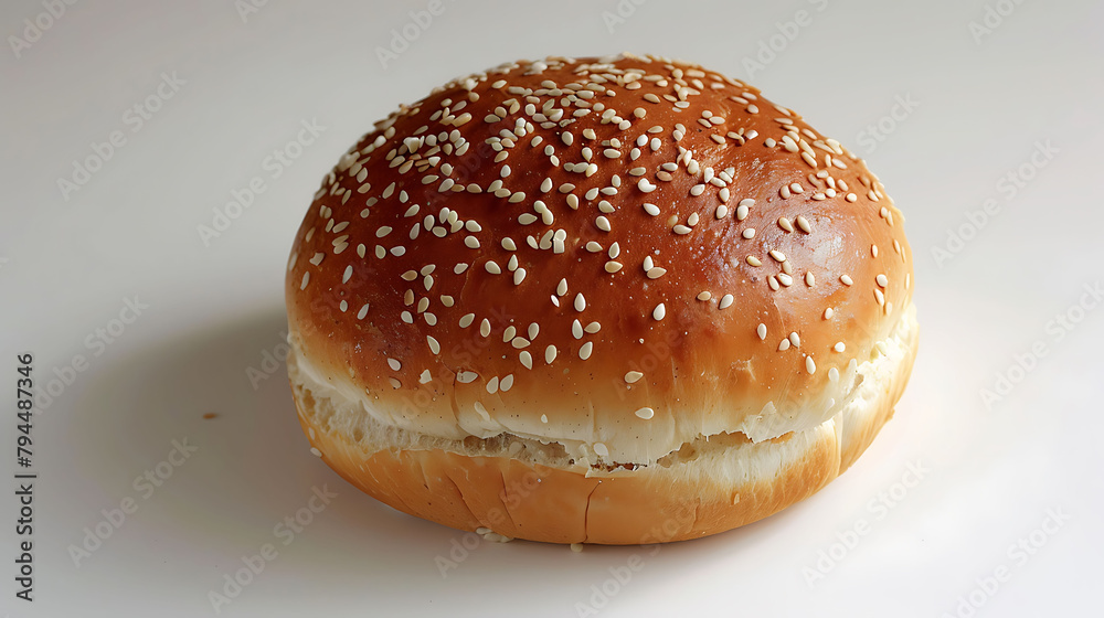 Top view shot of a hamburger bread bun, isolated on white background, The freshly baked, golden brown color and a sprinkling of sesame seeds on top