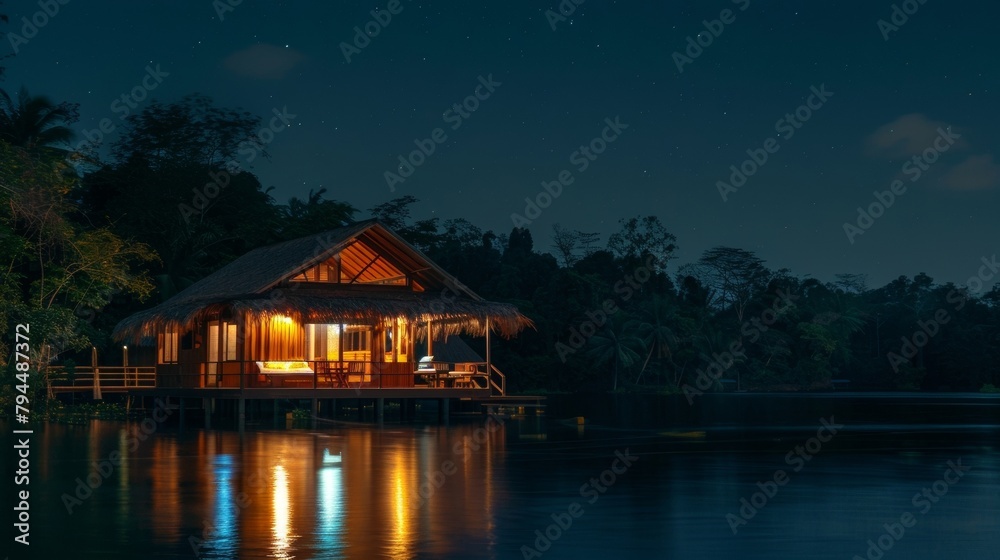 Surrounded by the stillness of the night guests can fall asleep to the gentle breeze and the tranquil sounds of nature in these offgrid floating bungalows. 2d flat cartoon. - obrazy, fototapety, plakaty 