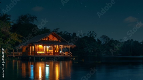 Surrounded by the stillness of the night guests can fall asleep to the gentle breeze and the tranquil sounds of nature in these offgrid floating bungalows. 2d flat cartoon. © Justlight