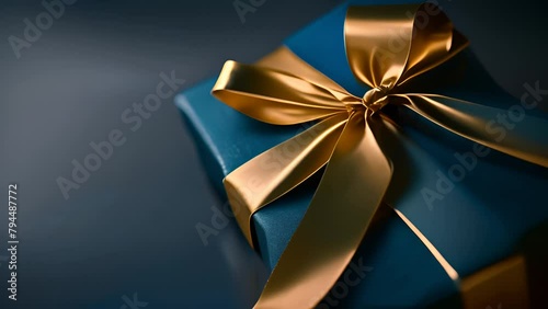 Blue Gift Box With Gold Ribbon Generative AI photo