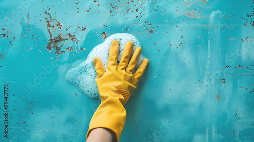 A gloved hand vigorously scrubs a dirty blue surface covered with soap suds and scattered debris.
