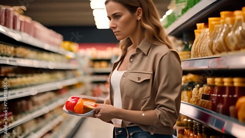 Woman Shopping in Grocery Store Generative AI photo