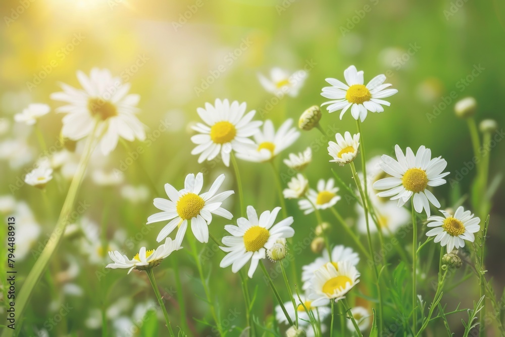 Fototapeta premium Life in the Chamomile Meadow Luminous Blooms: A Radiant Field of White Flowers Illuminated by the Sun's Brilliance.