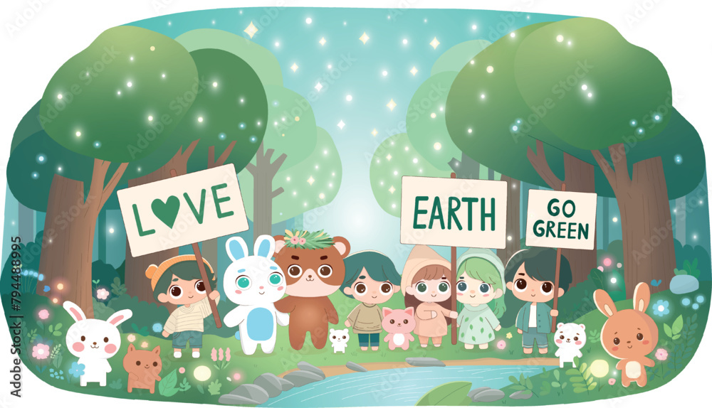 Obraz premium Diverse group of cartoon animals and children holding signs that say LOVE, EARTH, and GO GREEN in a lush, starlit forest setting
