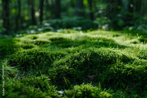 Moss Covered Ground Verdant Woods: A Serene Forest with Trees and a Rich Carpet of Moss.