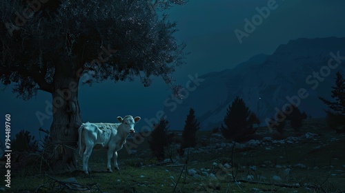 show me the photo In Greek mythology, at night, mountain background, a baby white calf positioned left, tied to a big tree, no humans, no people, no other animals