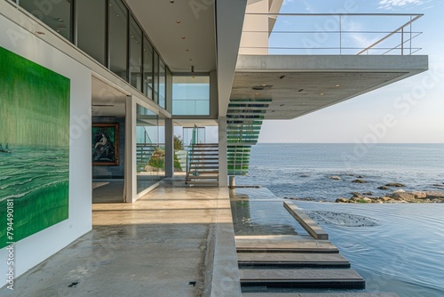 Contemporary Seaside Residence Featuring Emerald Green Art Gallery and Suspended Stairs on Calm Ocean