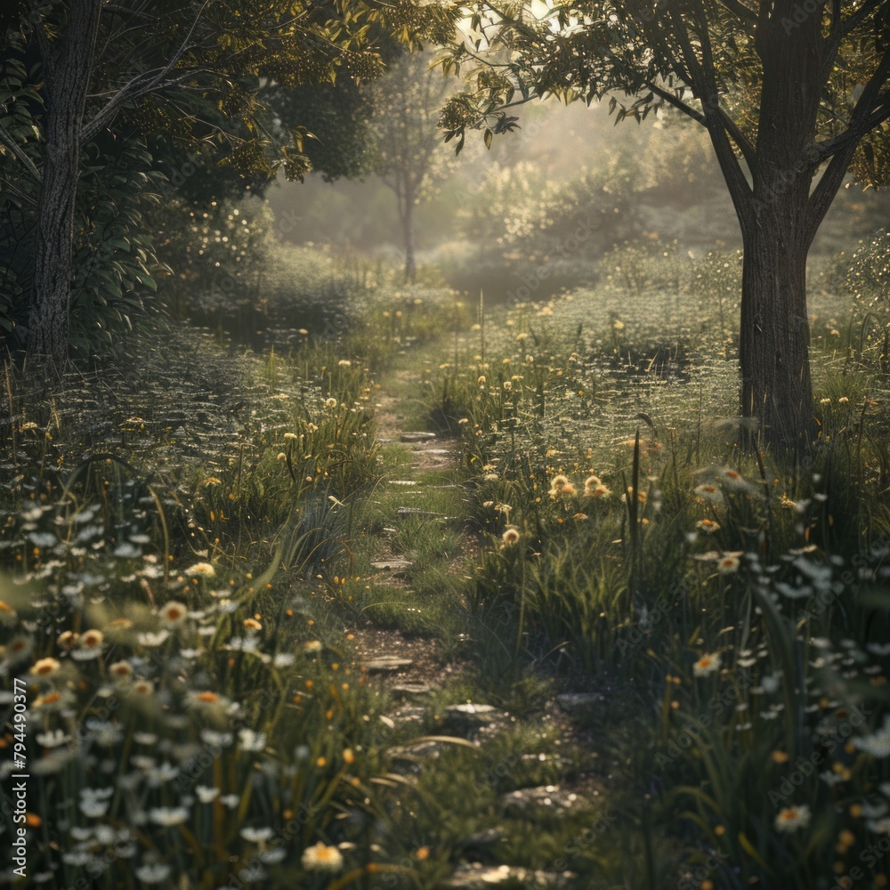 Enchanted Passage: A Pathway Guiding through a Picturesque Field with Blossoming Wildflowers and Towering Trees. Serene Meadow Path